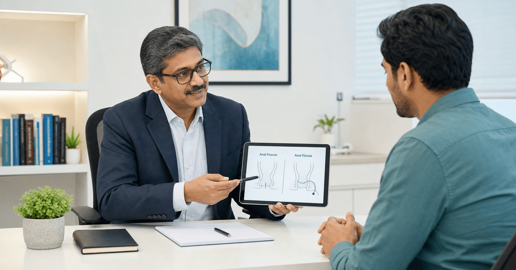 Surgeon explaining anal fissure versus fistula symptoms to a patient in Bhopal