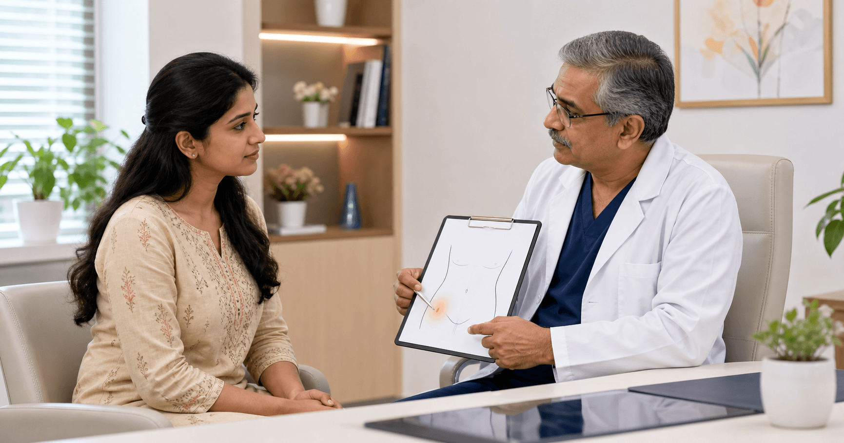 Woman patient discussing appendicitis symptoms and lower right abdominal pain with a surgeon in Bhopal
