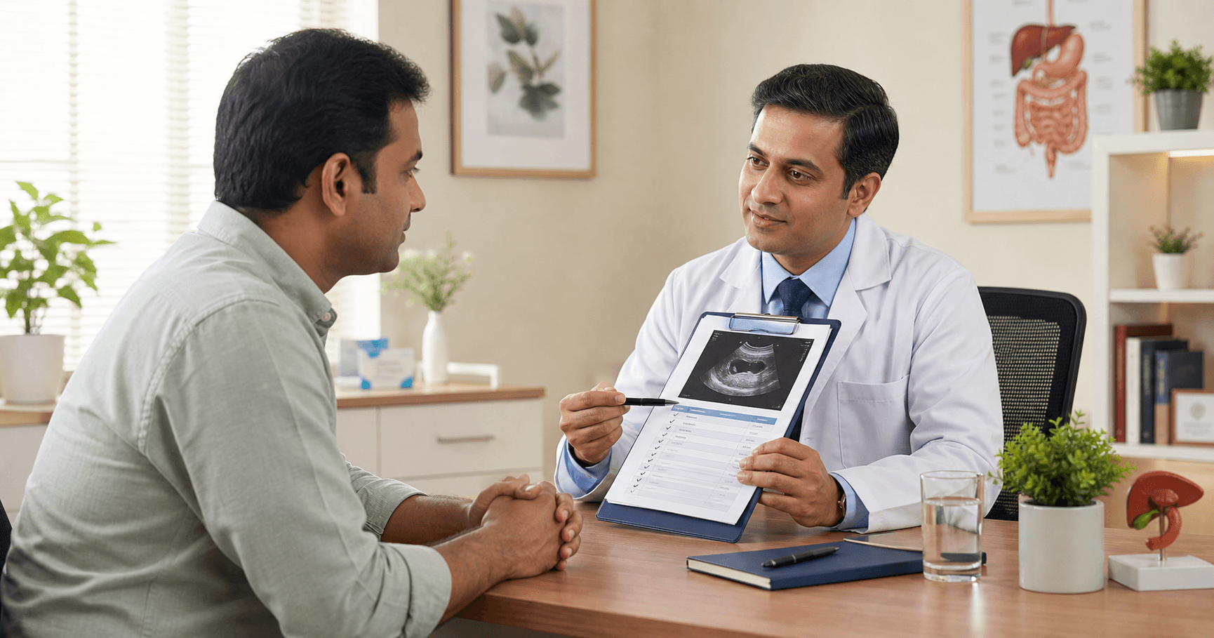 Patient reviewing appendicitis ultrasound and blood test questions with a laparoscopic surgeon in Bhopal
