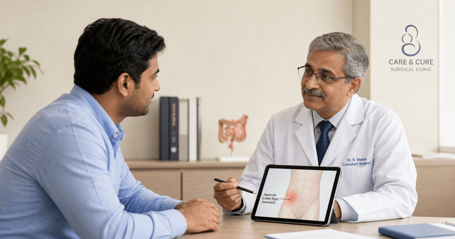 Patient discussing appendix burst symptoms and lower right abdominal pain with a surgeon in Bhopal