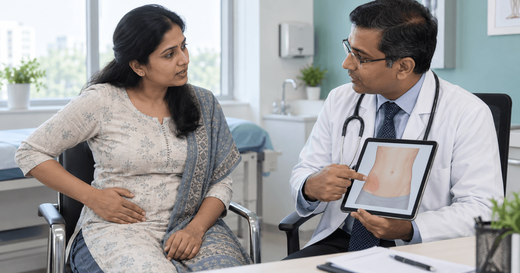 Patient with lower-right abdominal pain speaking with a surgeon during an urgent hospital assessment