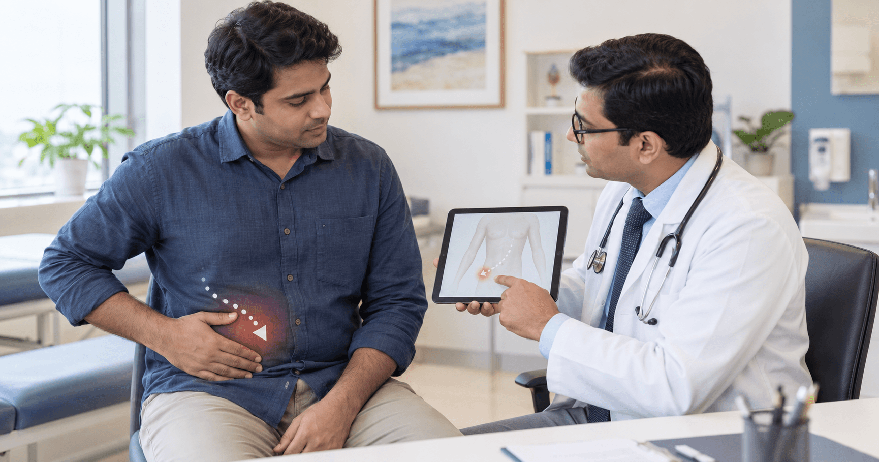 Patient showing lower right abdominal pain while a doctor explains common appendicitis pain locations