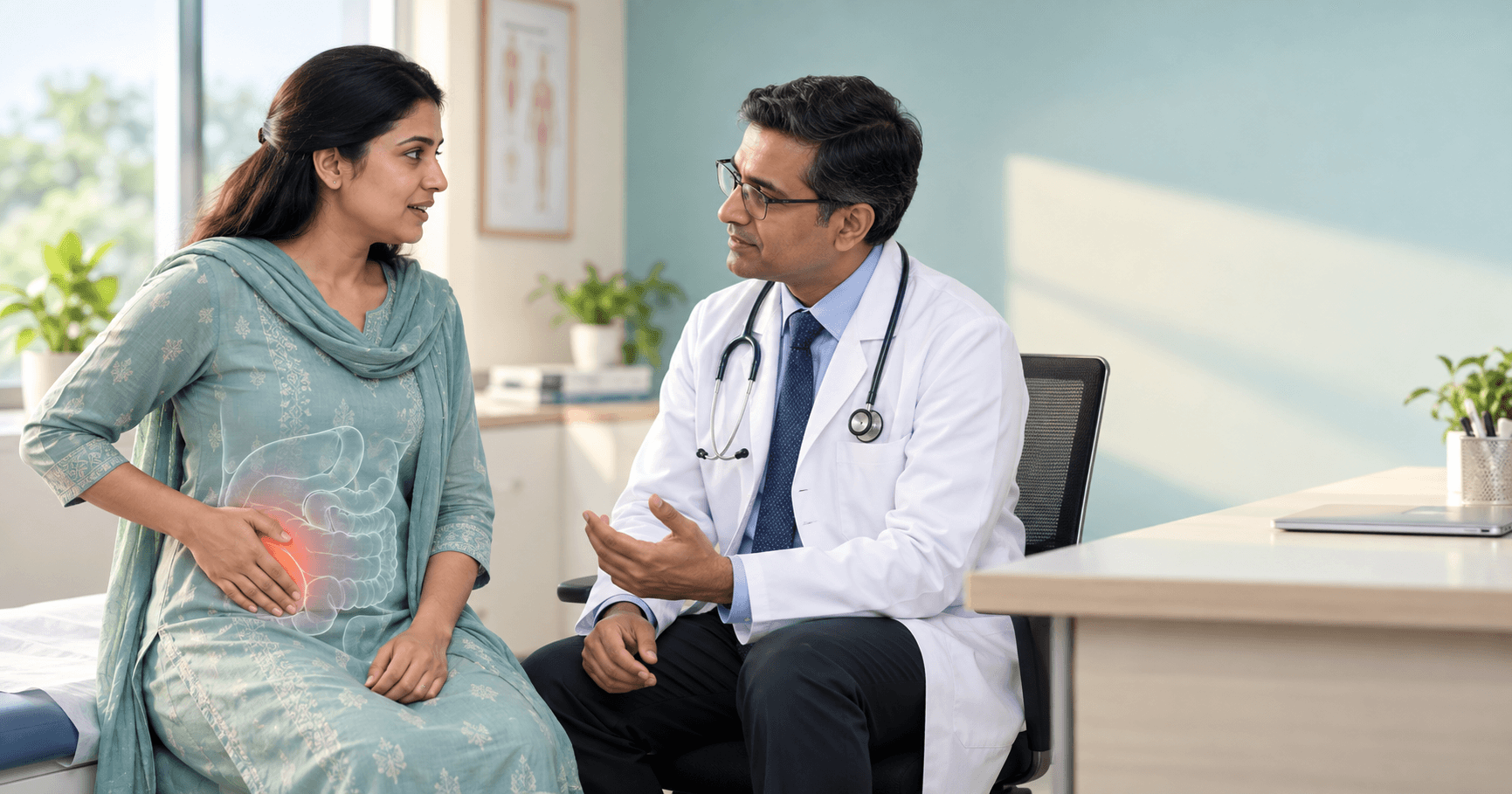 Patient discussing lower right abdominal pain and possible muscle strain with a surgeon in Bhopal