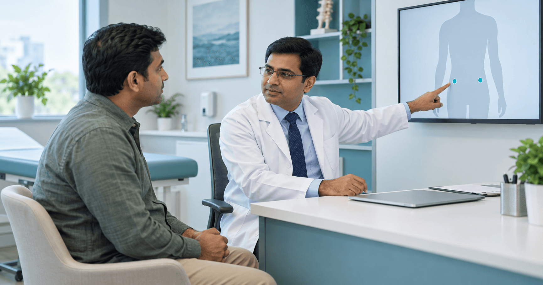 Patient reviewing left and right groin hernia locations with a laparoscopic surgeon in Bhopal