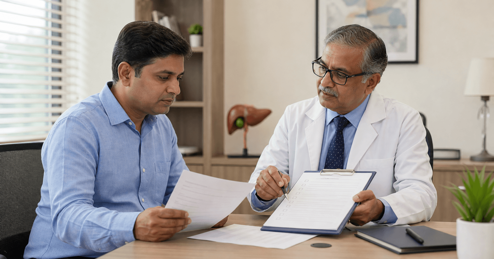 Patient reviewing a blood thinner medicine list before gallbladder surgery with a surgeon in Bhopal