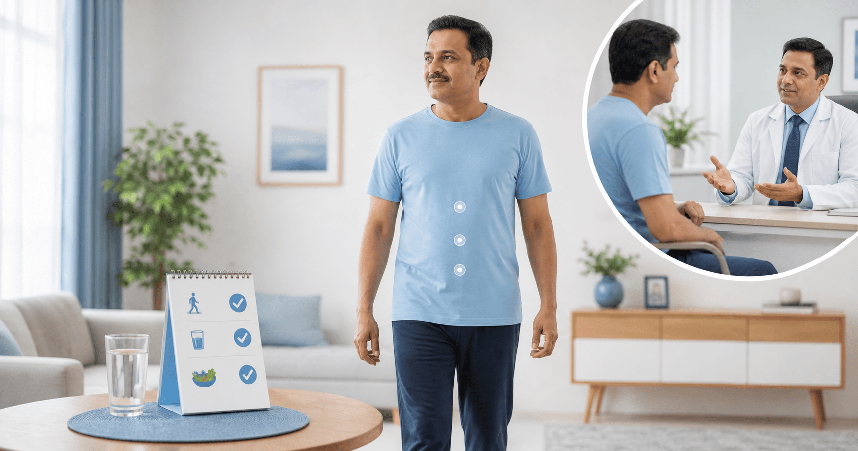Patient walking gently with water and a discharge checklist after laparoscopic surgery in Bhopal