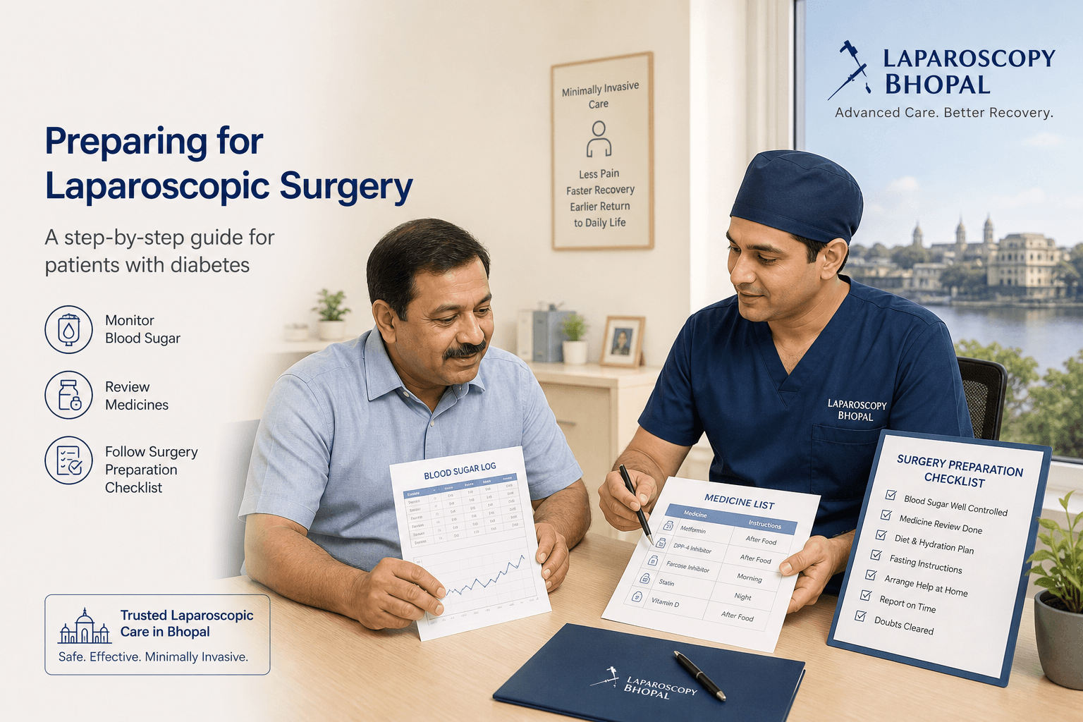 Patient with diabetes reviewing blood sugar records and surgery preparation checklist with a surgeon in Bhopal