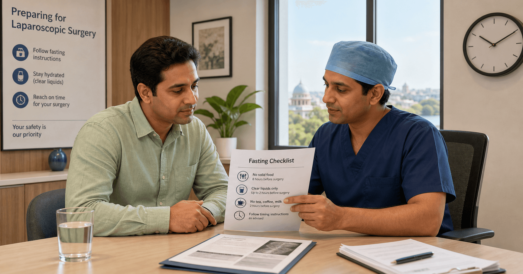 Patient reviewing fasting instructions before laparoscopic surgery with a surgeon in Bhopal