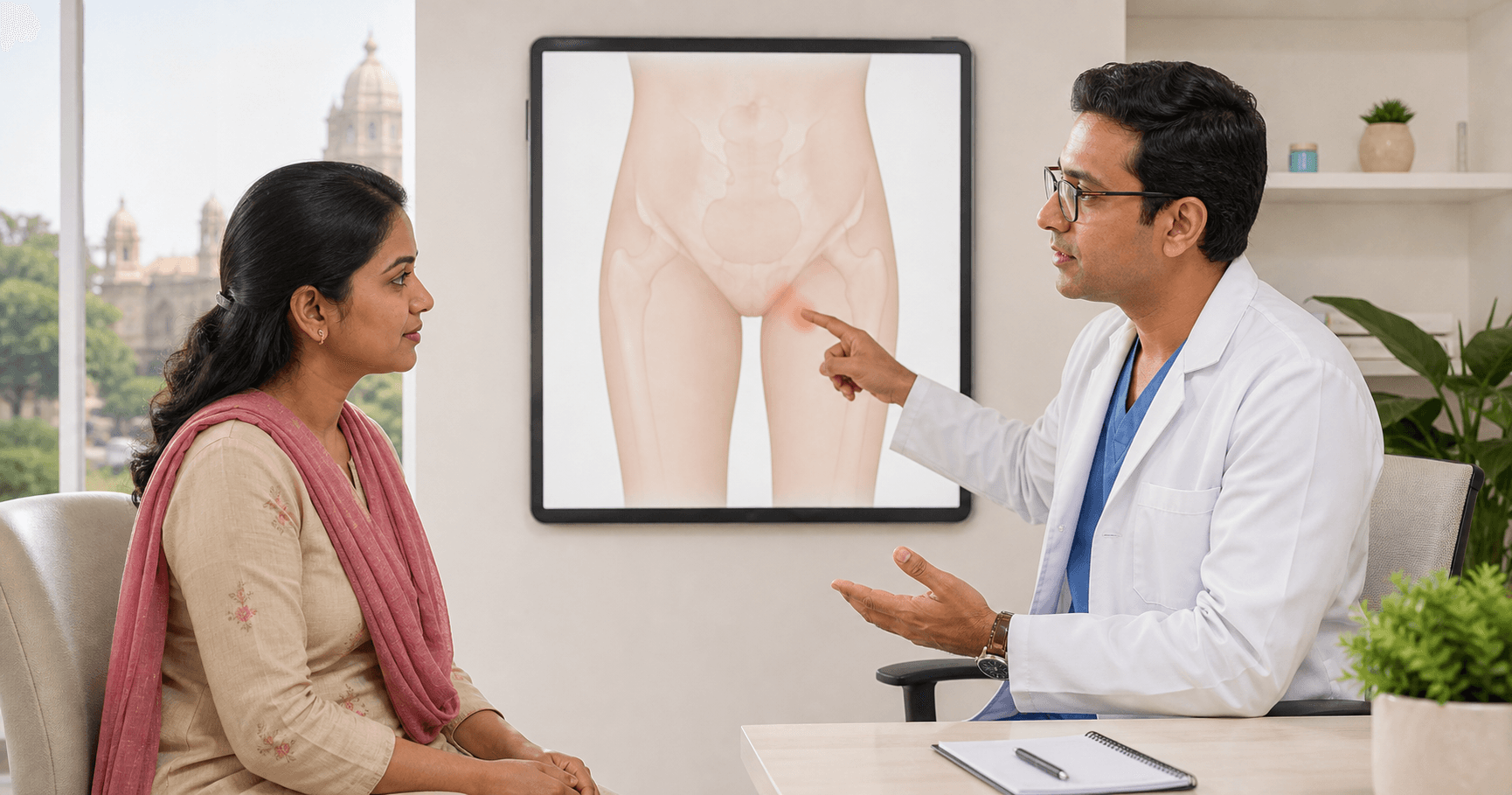 Woman discussing the location and warning signs of a possible femoral hernia with a surgeon in Bhopal