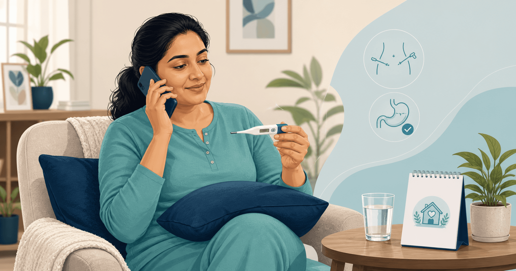 Patient checking their temperature while calling a clinician after gallbladder surgery