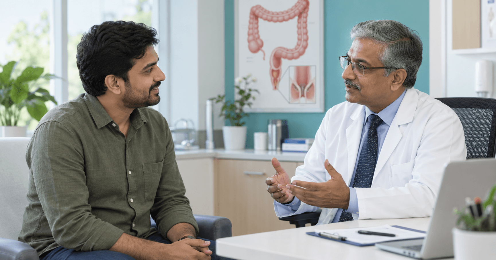 Patient discussing anal fissure symptoms with a general surgeon in a clinic
