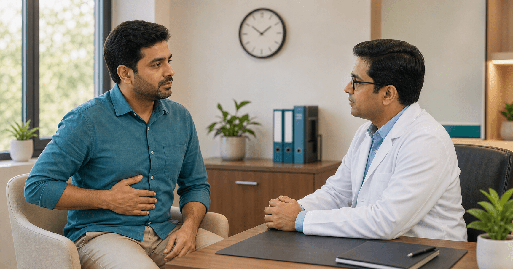 Patient discussing upper right abdominal pain duration with a surgeon in Bhopal