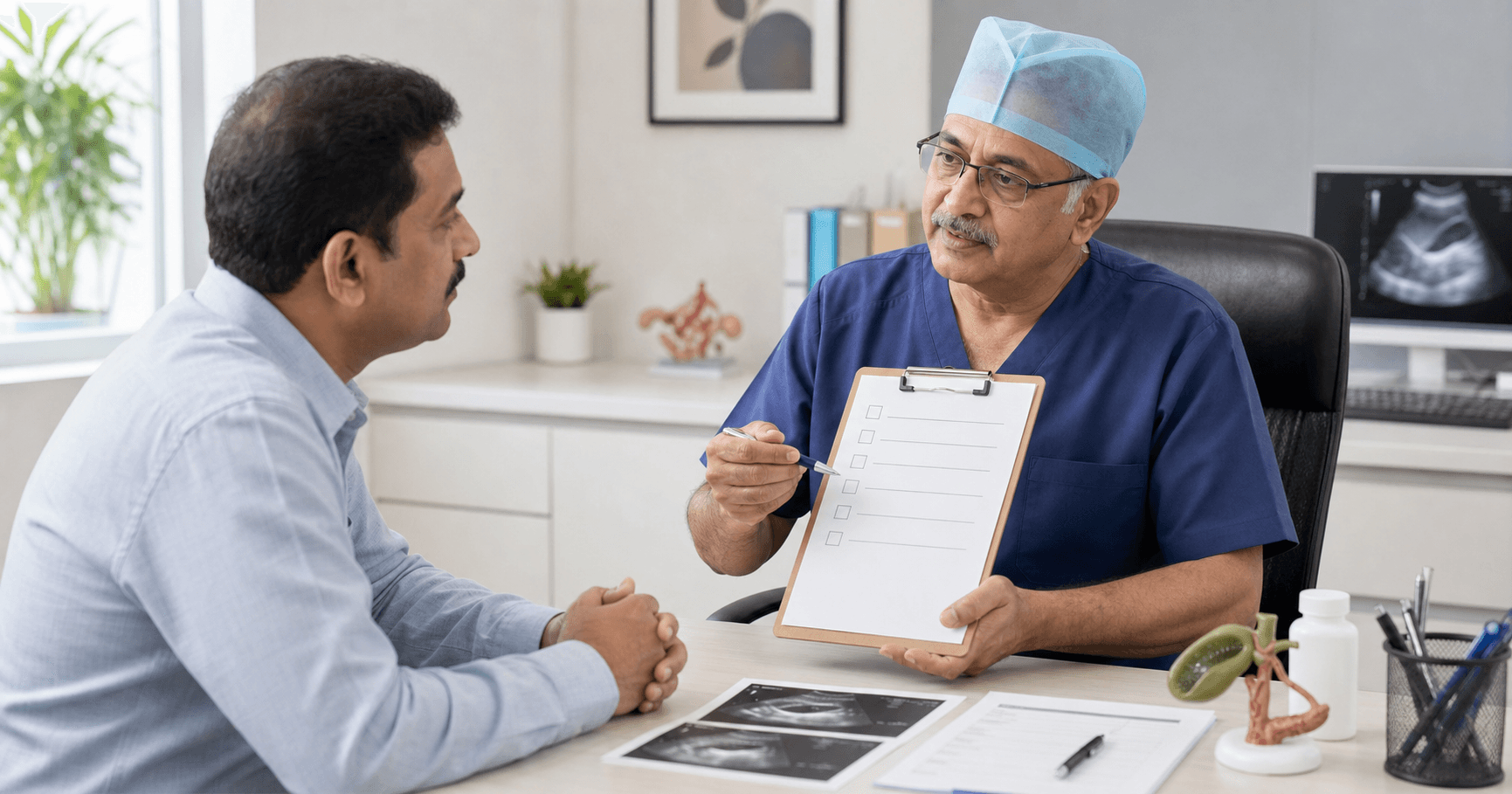Surgeon explaining gallbladder stone surgery cost factors to a patient in Bhopal