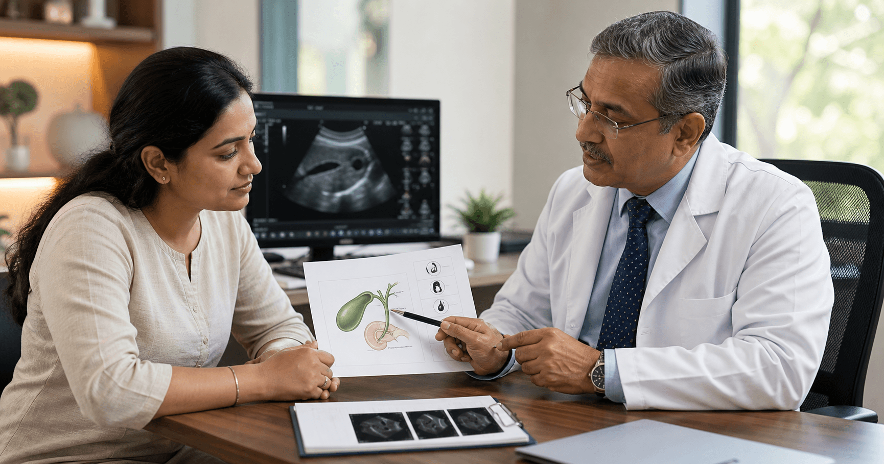 Patient reviewing gallbladder stone surgery reports and checklist with a surgeon in Bhopal