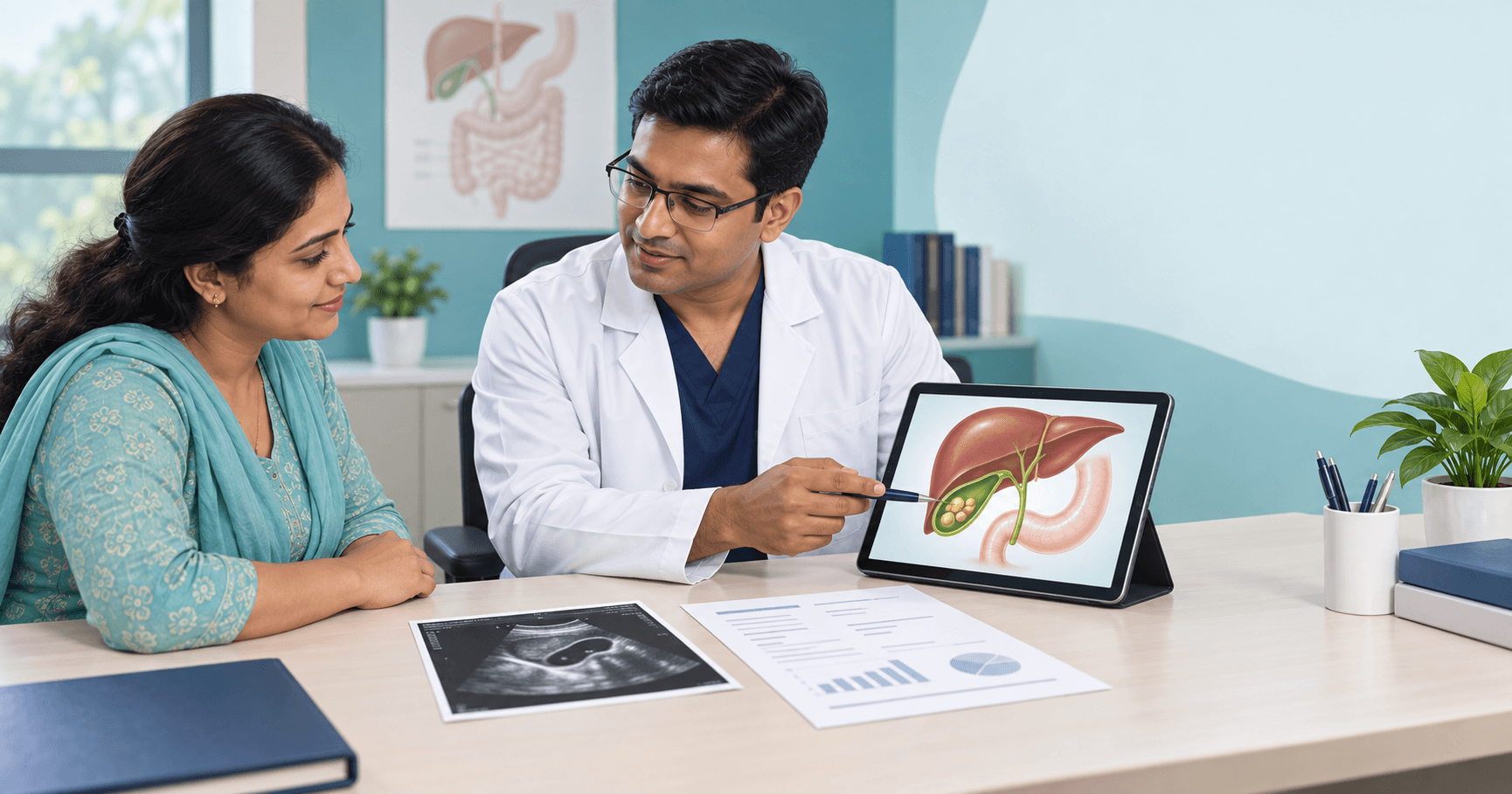 Patient and surgeon reviewing an ultrasound, blood test report and gallbladder diagram before surgery