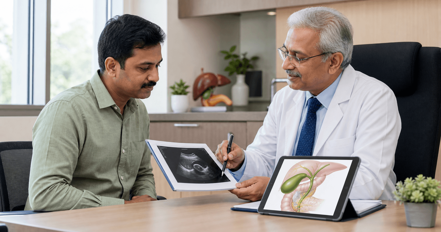 Patient reviewing gallbladder ultrasound report findings with a laparoscopic surgeon in Bhopal