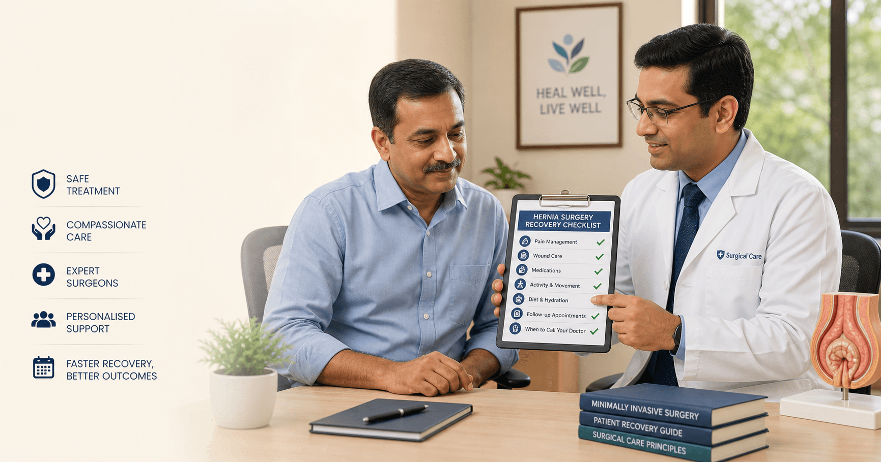 Patient discussing hernia surgery recovery timeline and lifting restrictions with a surgeon in Bhopal