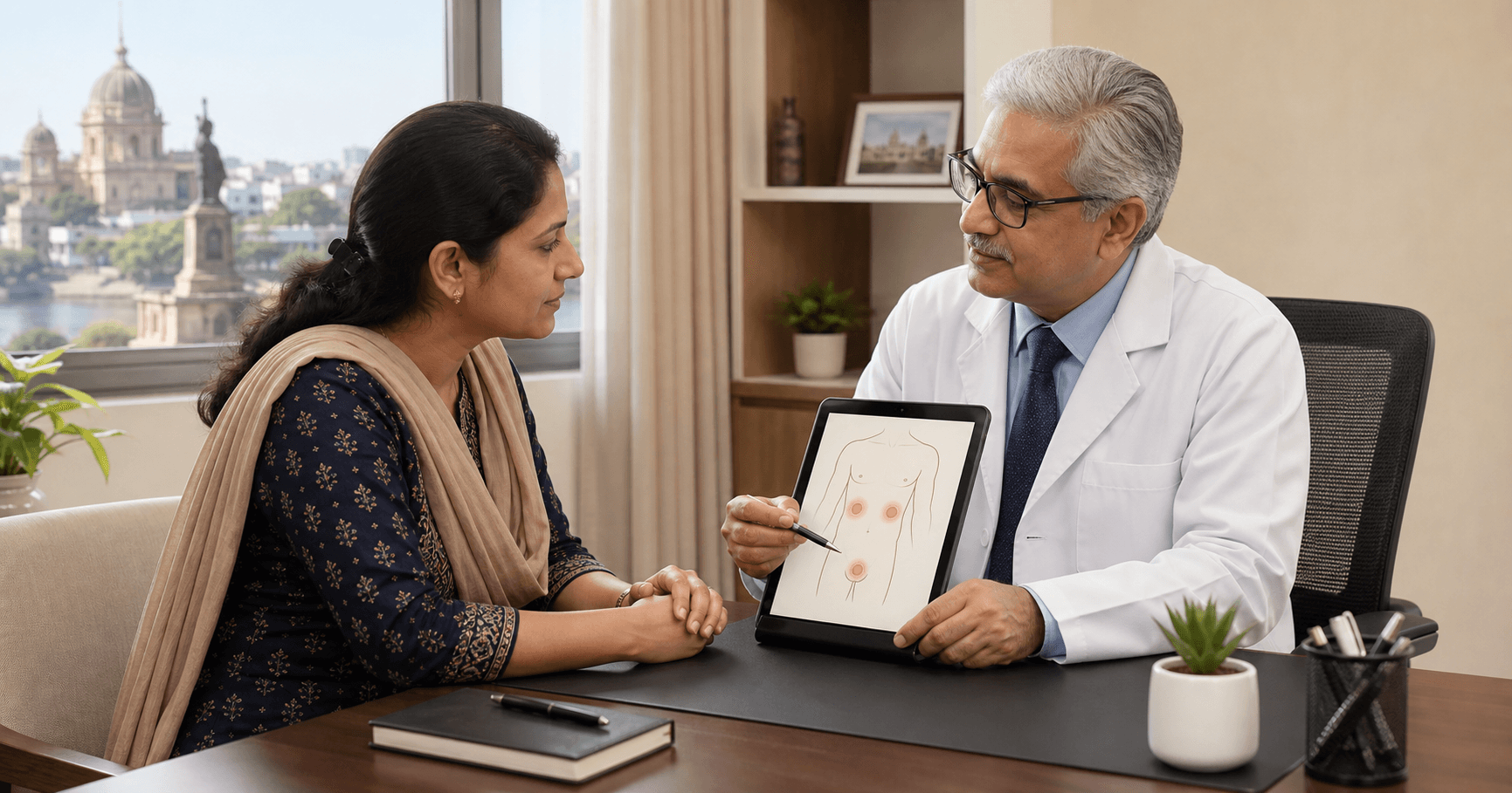 Female patient discussing hernia symptoms with a surgeon in Bhopal