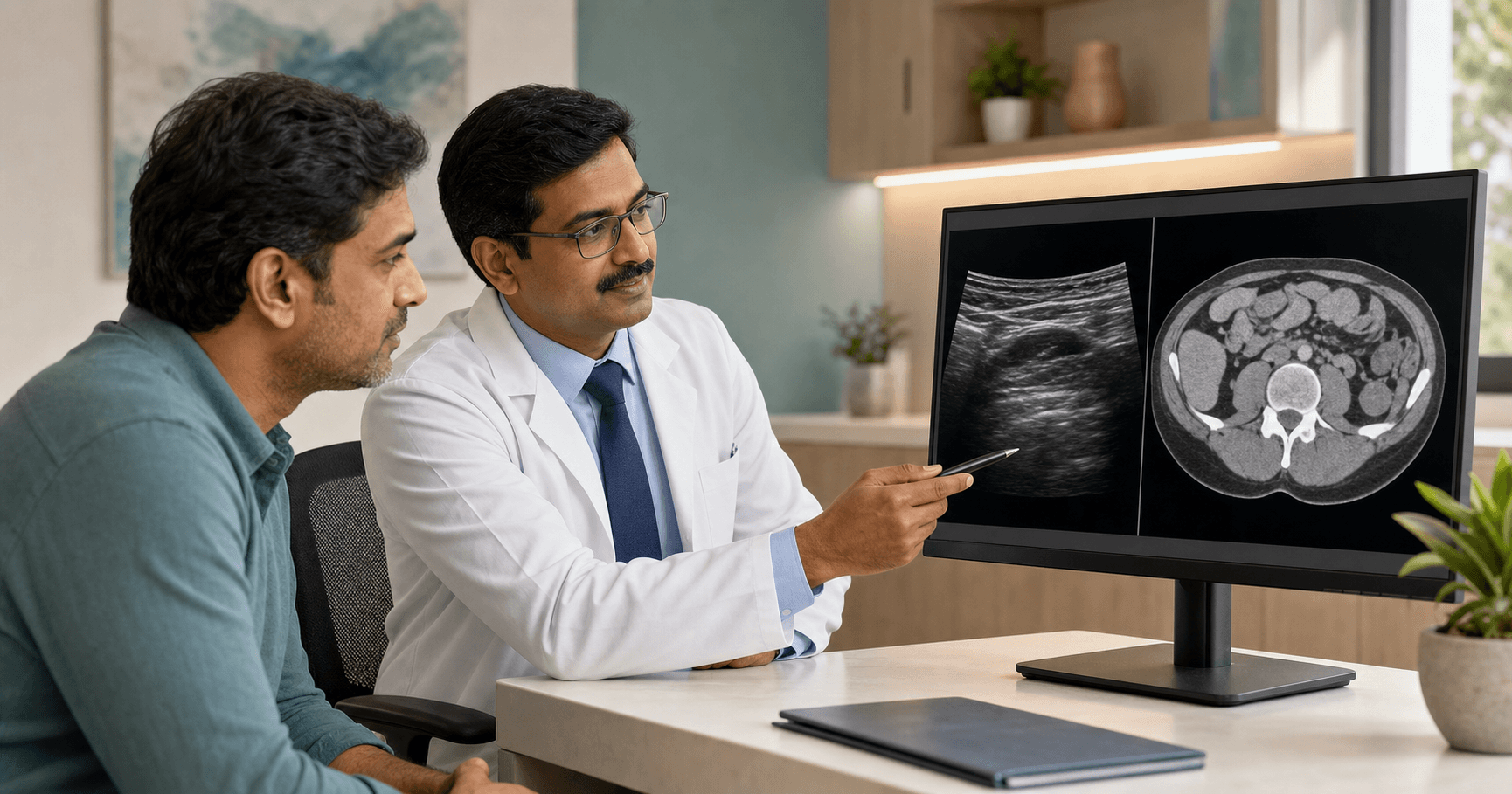 Patient and surgeon comparing ultrasound and CT imaging for a suspected hernia in Bhopal