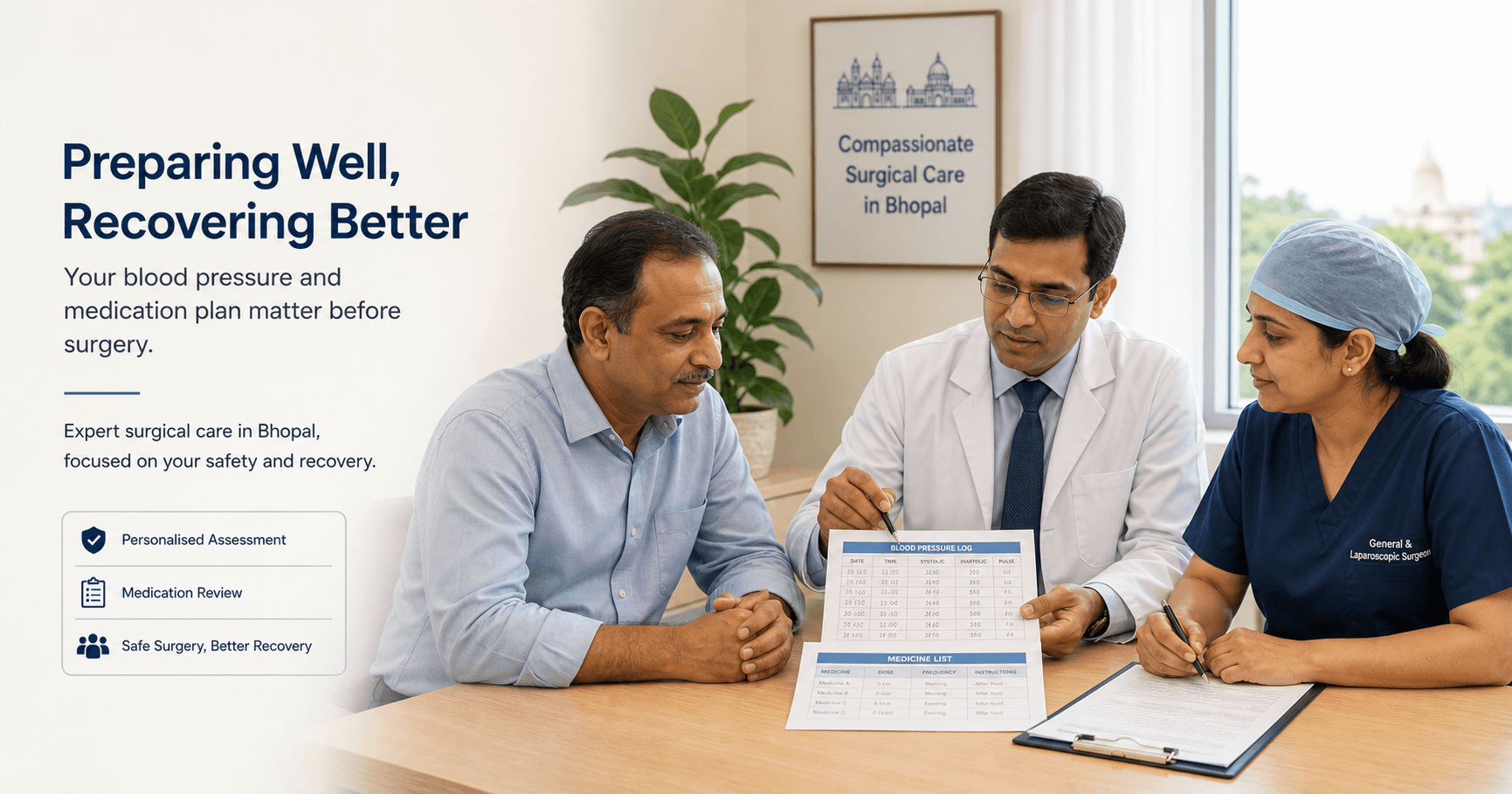 Patient reviewing blood pressure records and medicine list with a surgeon before surgery in Bhopal