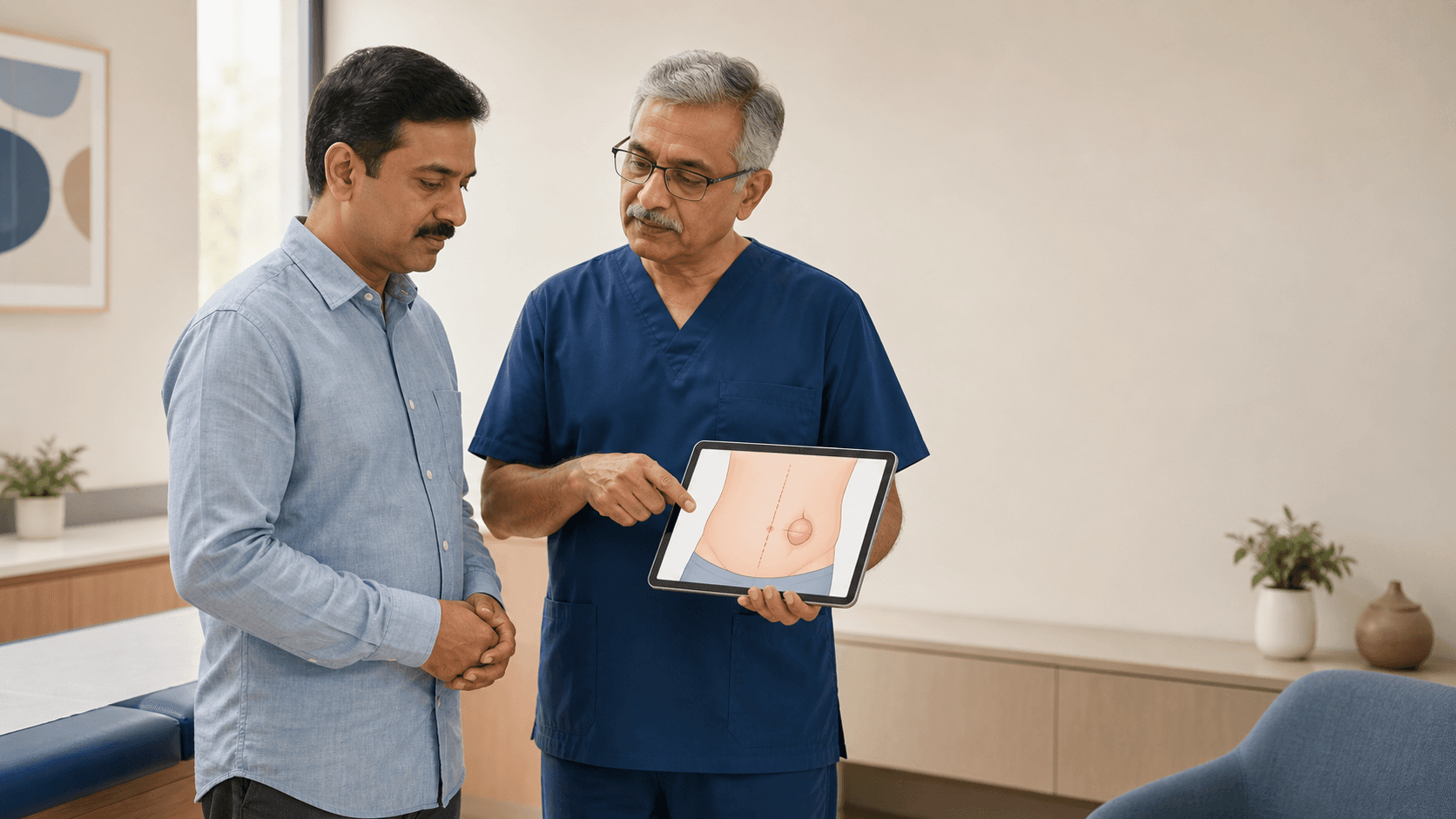 Patient reviewing an old abdominal surgery scar and possible incisional hernia with a surgeon in Bhopal