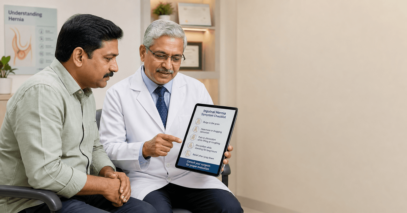 Surgeon explaining inguinal hernia symptoms in men to a patient in Bhopal