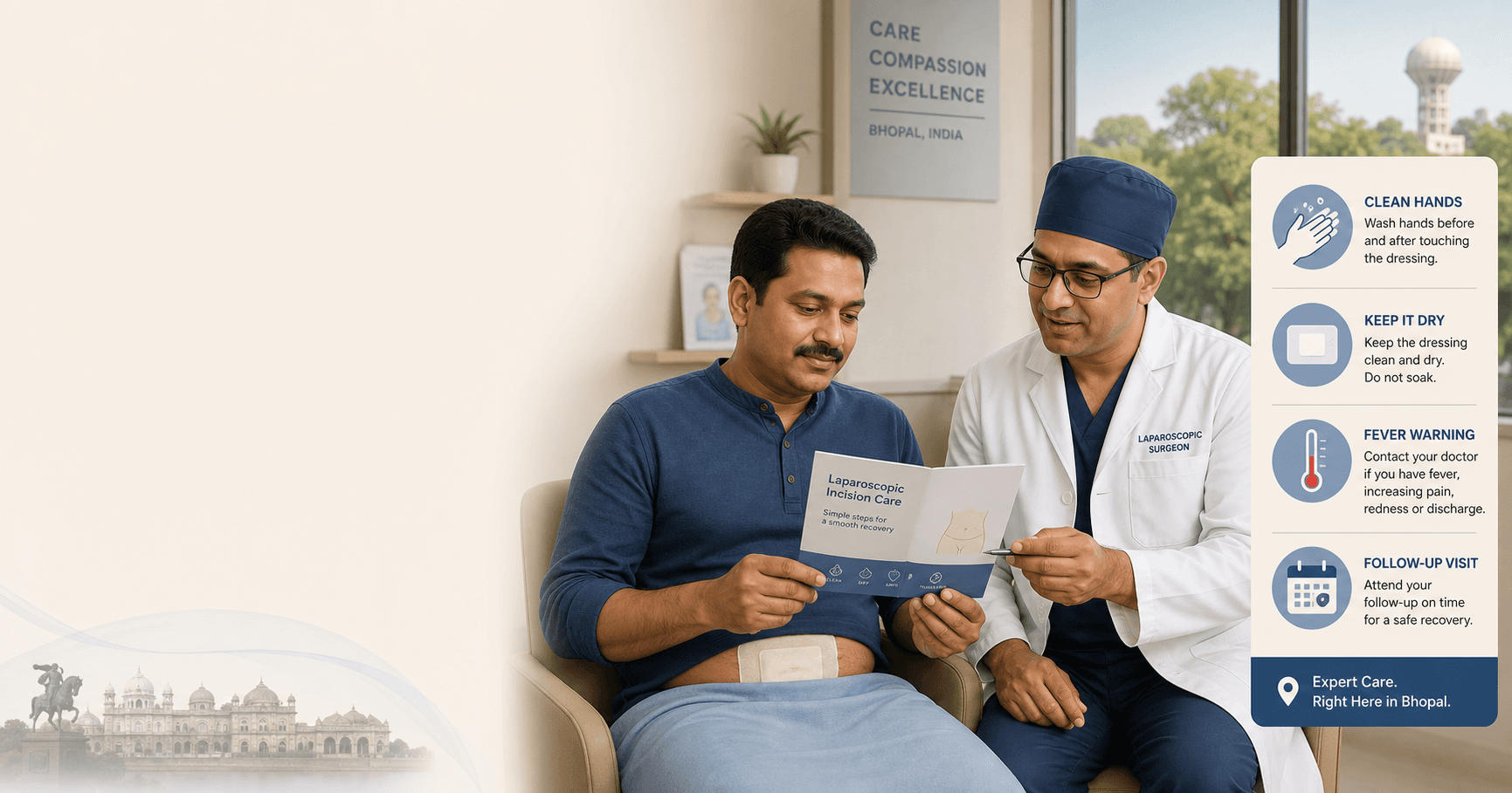 Patient reviewing laparoscopic incision care and warning signs with a surgeon in Bhopal