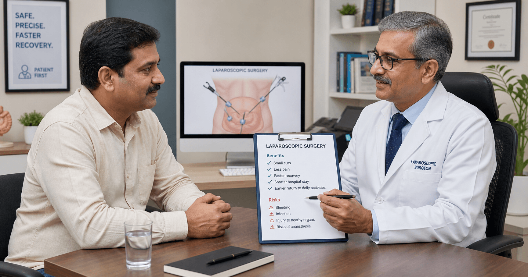 Patient reviewing laparoscopic surgery benefits and risks checklist with a surgeon in Bhopal