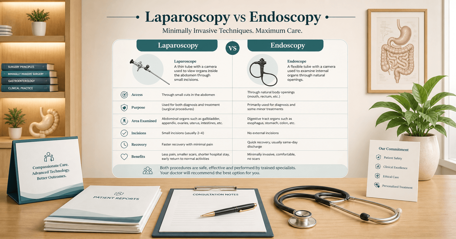 Patient education chart comparing laparoscopy and endoscopy for Bhopal patients