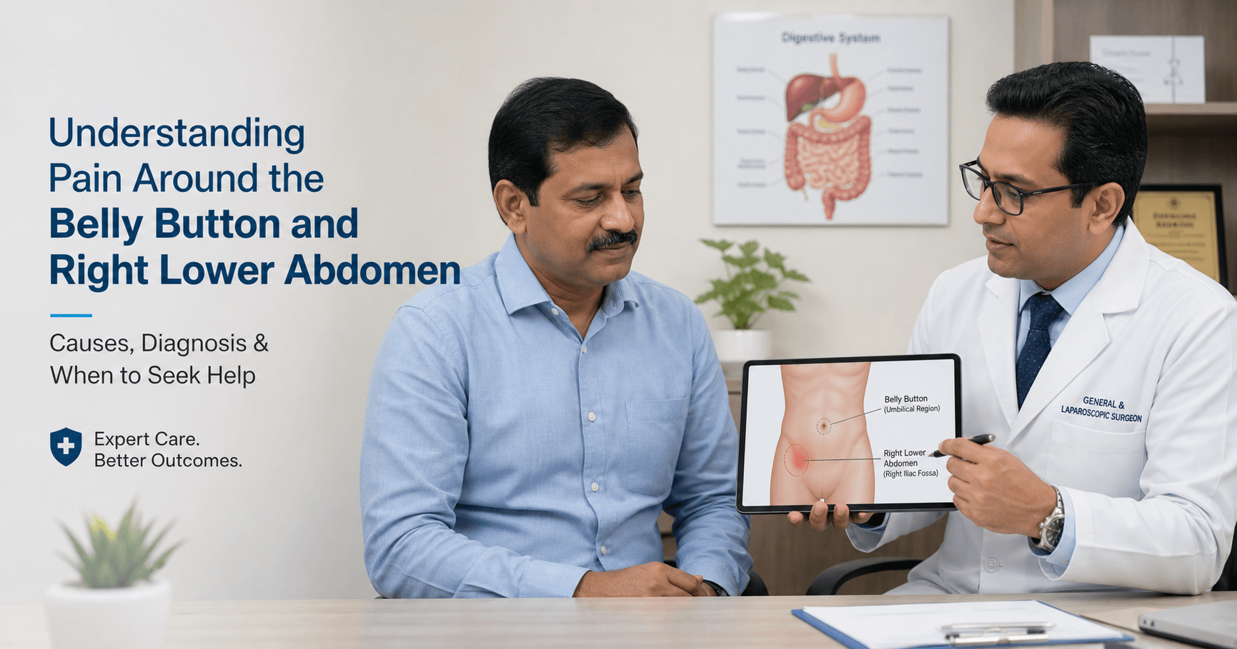 Doctor explaining belly button pain and right lower abdominal pain warning signs to a patient in Bhopal