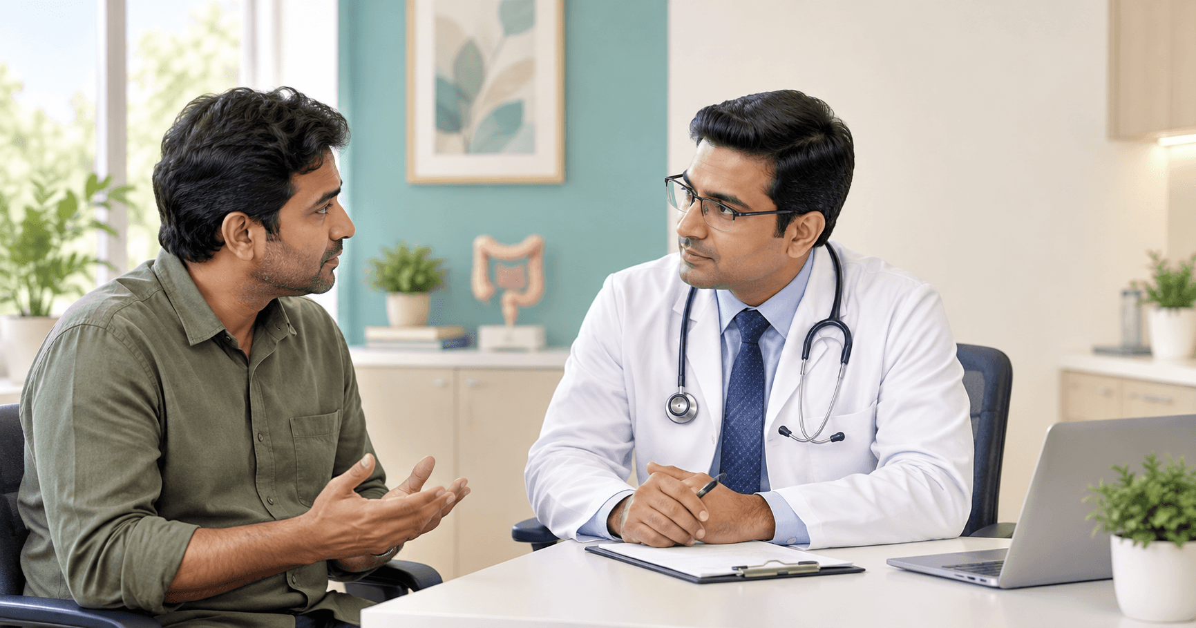 Patient privately discussing tissue that comes out during bowel movements with a surgeon in Bhopal
