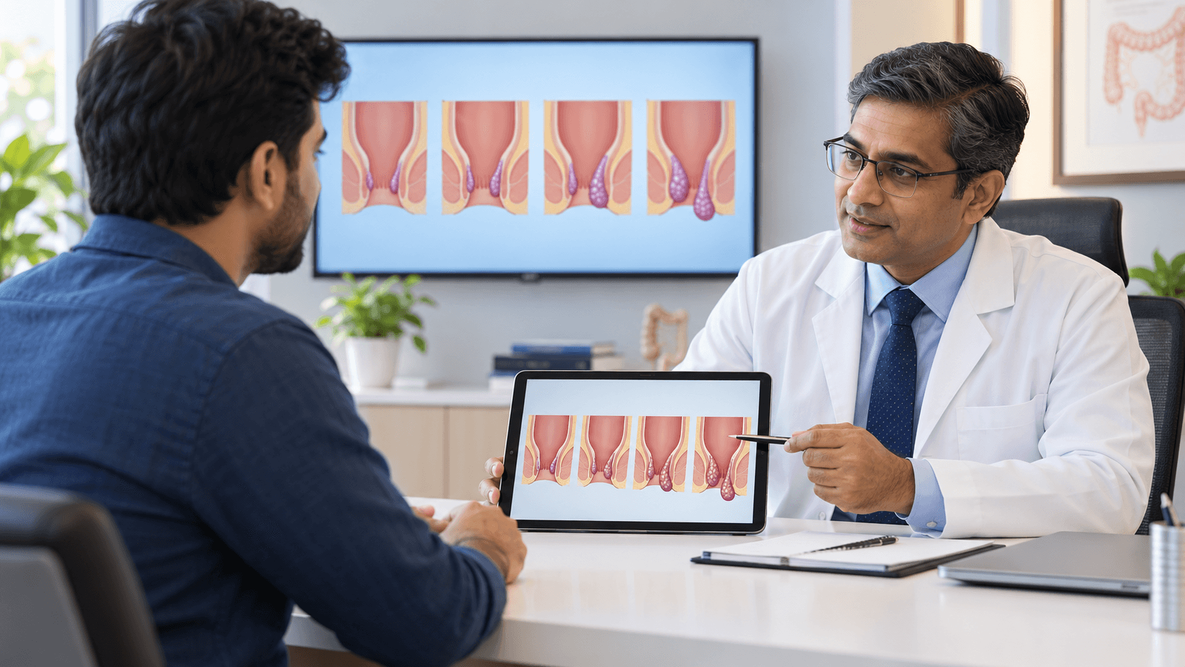 Surgeon explaining the four stages of internal piles to a patient in Bhopal