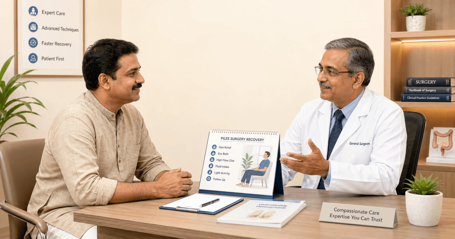 Patient discussing piles surgery recovery and aftercare with a surgeon in Bhopal
