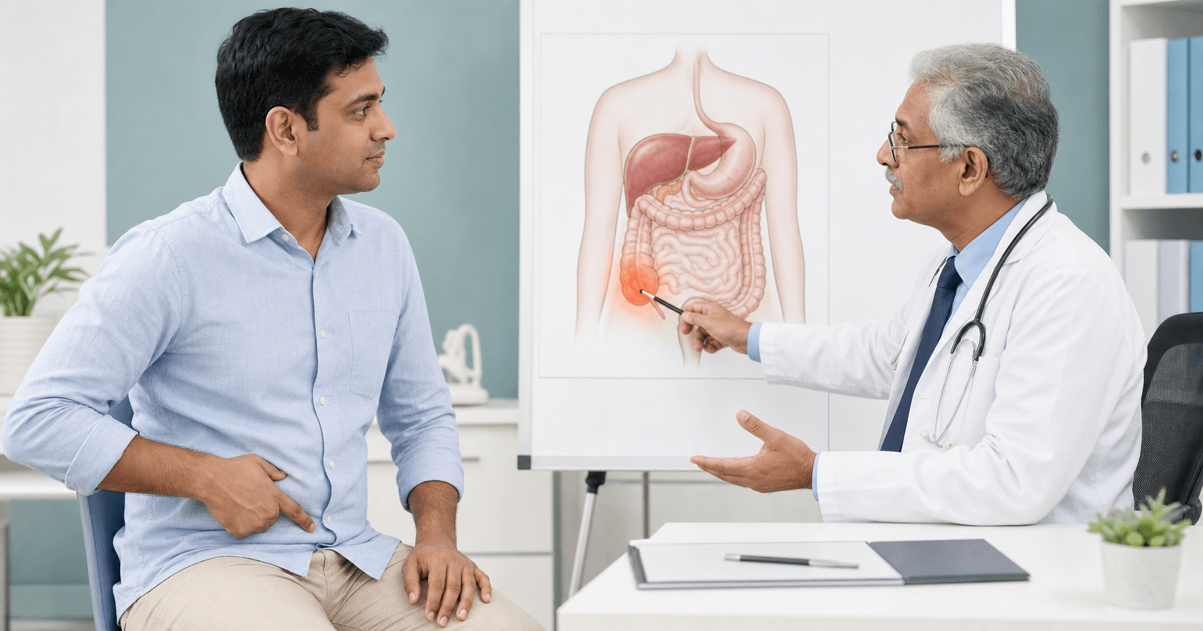 Patient discussing right lower abdominal pain while walking with a laparoscopic surgeon in Bhopal