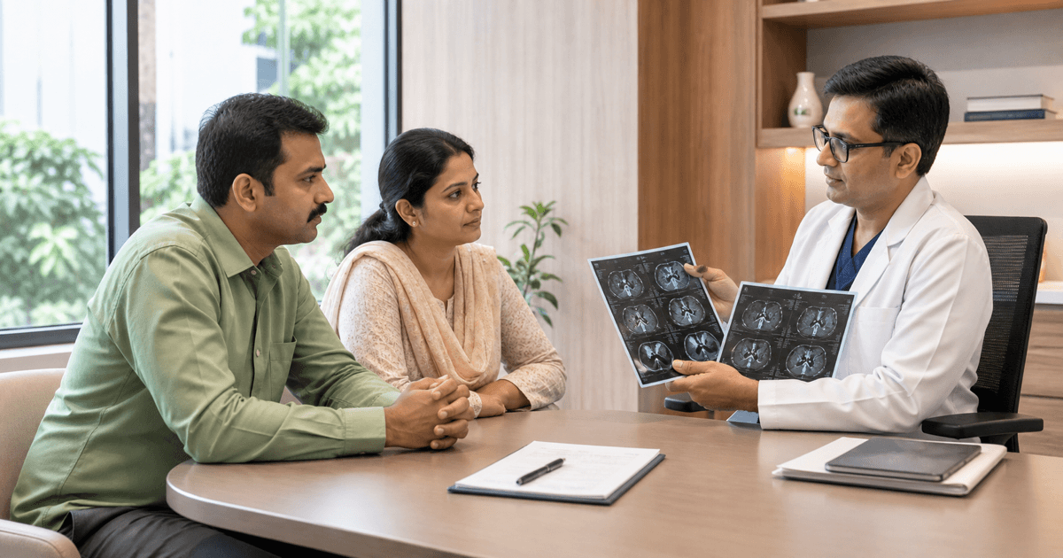Patient and family member reviewing scan reports and a checklist with a surgeon before planned surgery in Bhopal