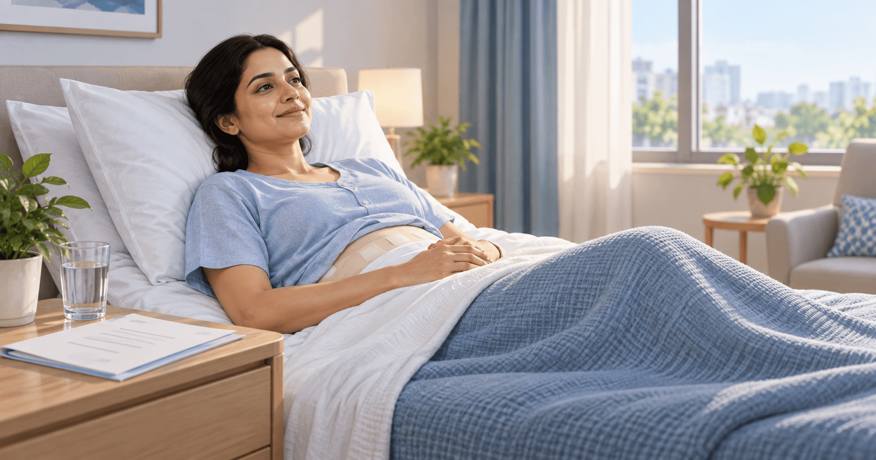 Patient resting with pillows after laparoscopic abdominal surgery