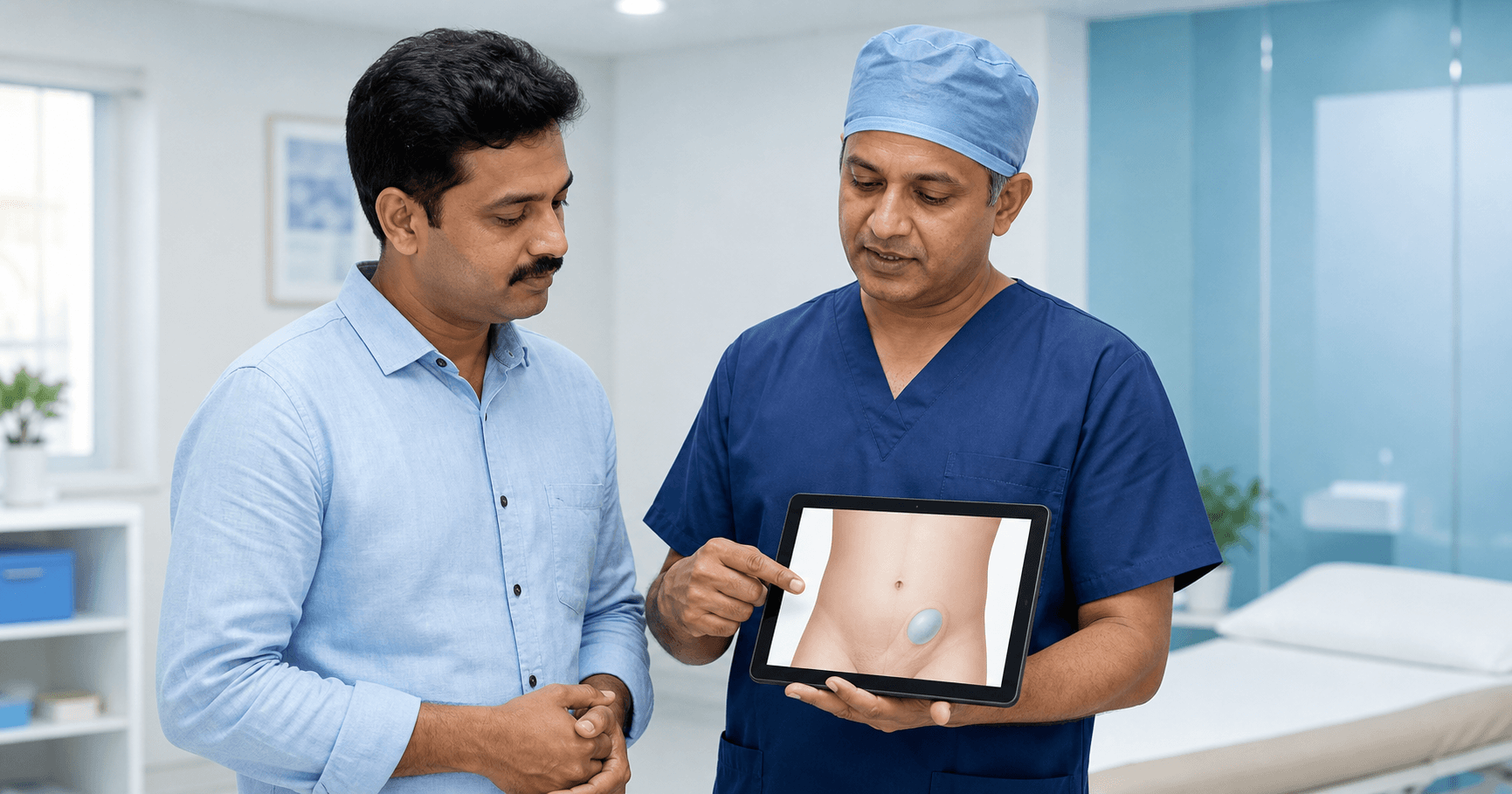 Surgeon explaining a postoperative fluid swelling after hernia repair to a patient in Bhopal