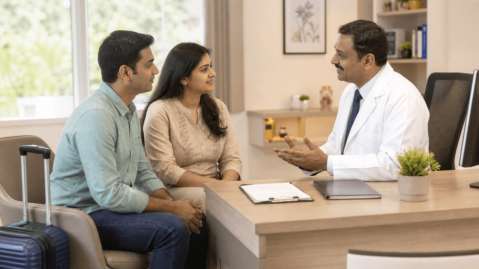 Patient and companion discussing travel planning after laparoscopic surgery with a surgeon in Bhopal