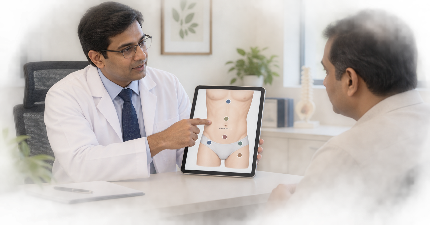 Surgeon explaining common abdominal hernia locations to a patient in Bhopal