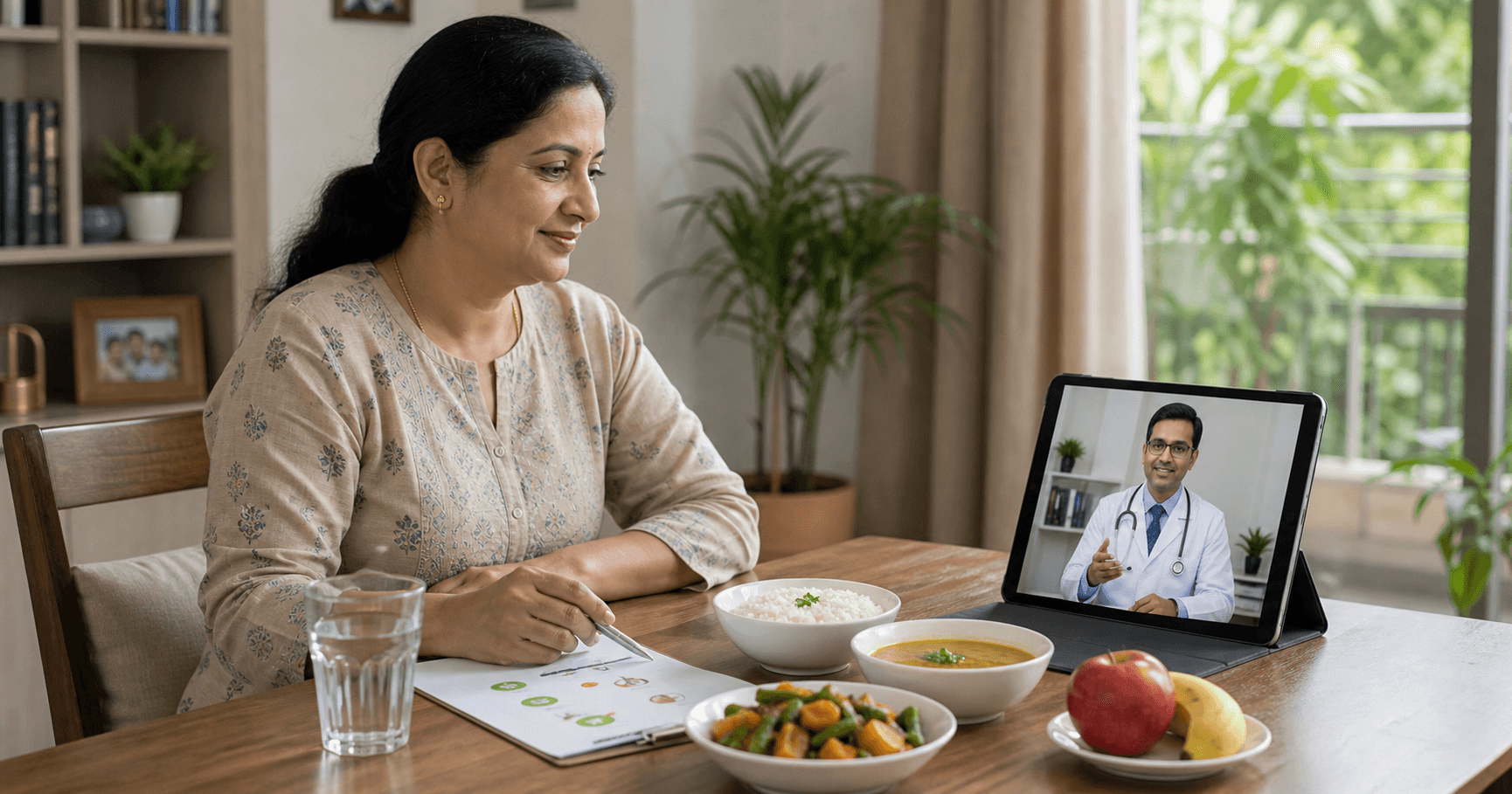 Patient reviewing a simple low-fat meal plan after gallbladder surgery with a surgeon in Bhopal