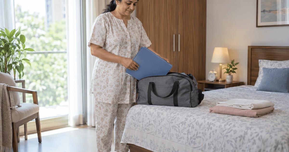 Loose front-opening clothes and slip-on footwear prepared for planned laparoscopic surgery in Bhopal