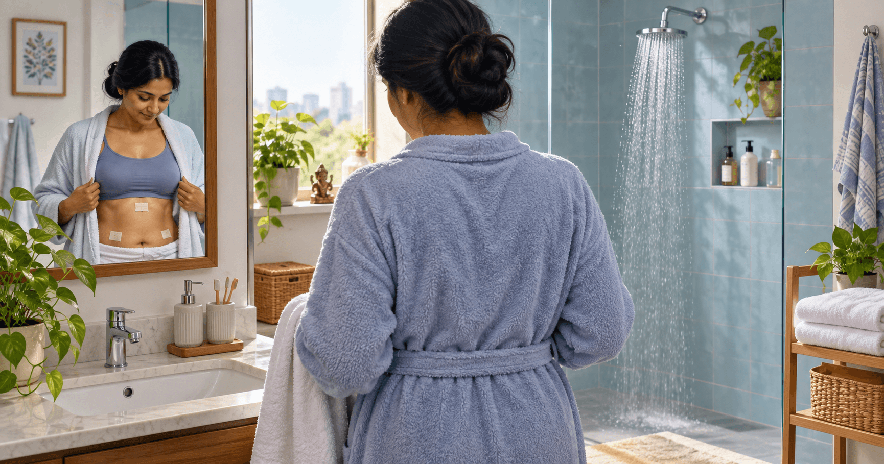 Patient preparing for a gentle shower while protecting laparoscopic surgery dressings