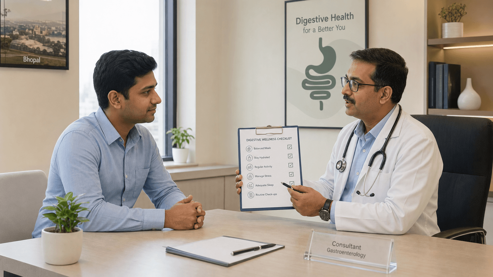 Patient discussing anal fissure symptoms and pain during stool with a surgeon in Bhopal