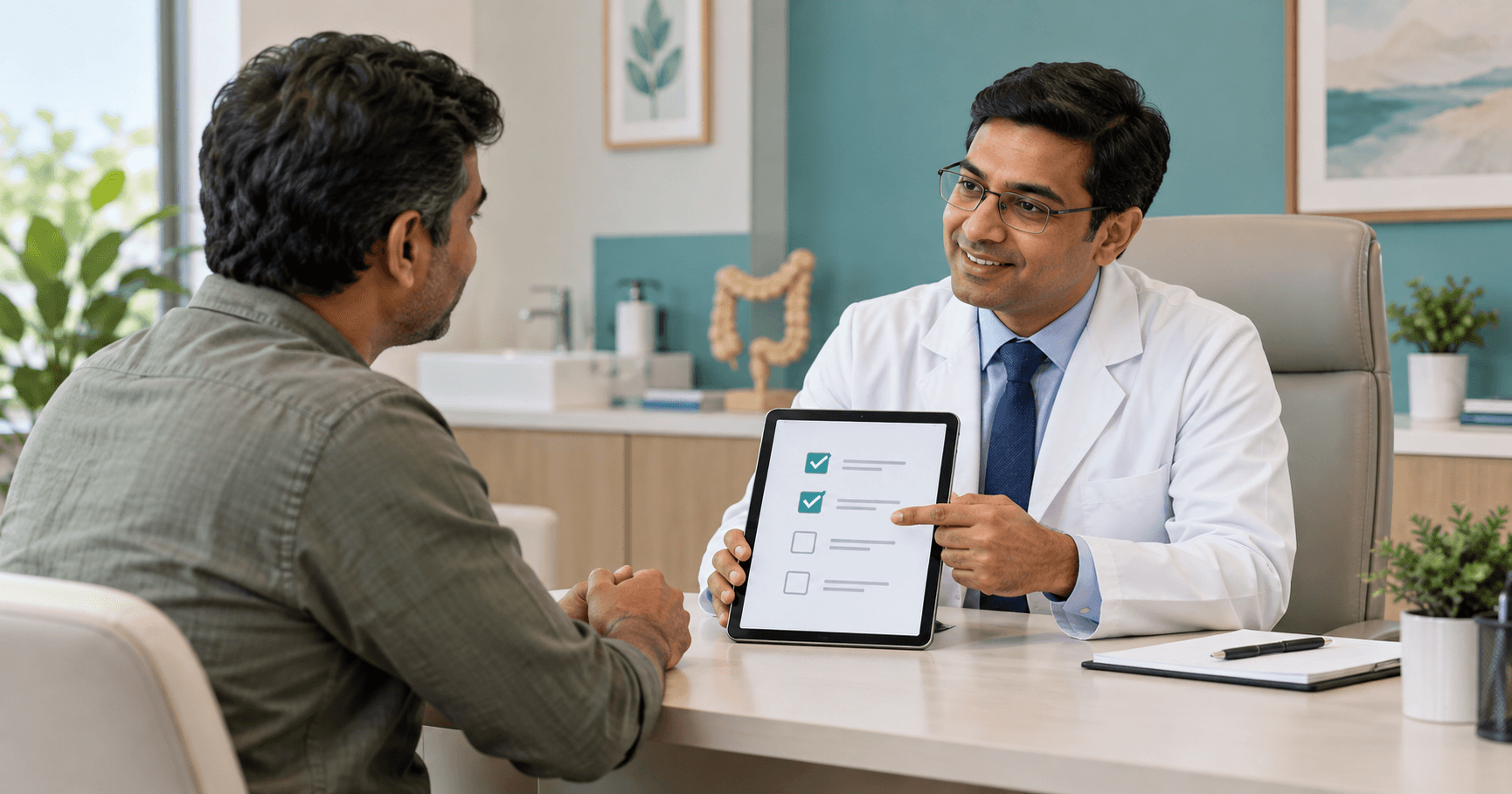 Patient privately discussing anal itching symptoms and a symptom checklist with a surgeon in Bhopal
