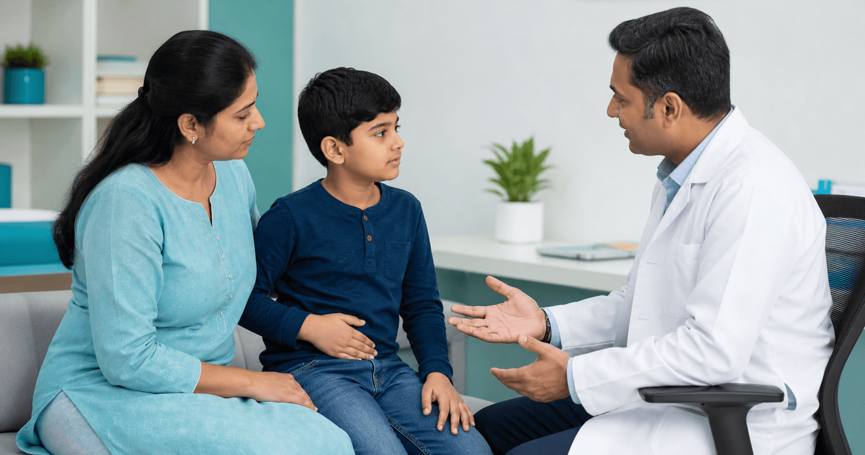 Parent and child discussing possible lower right abdominal pain with a surgeon in Bhopal