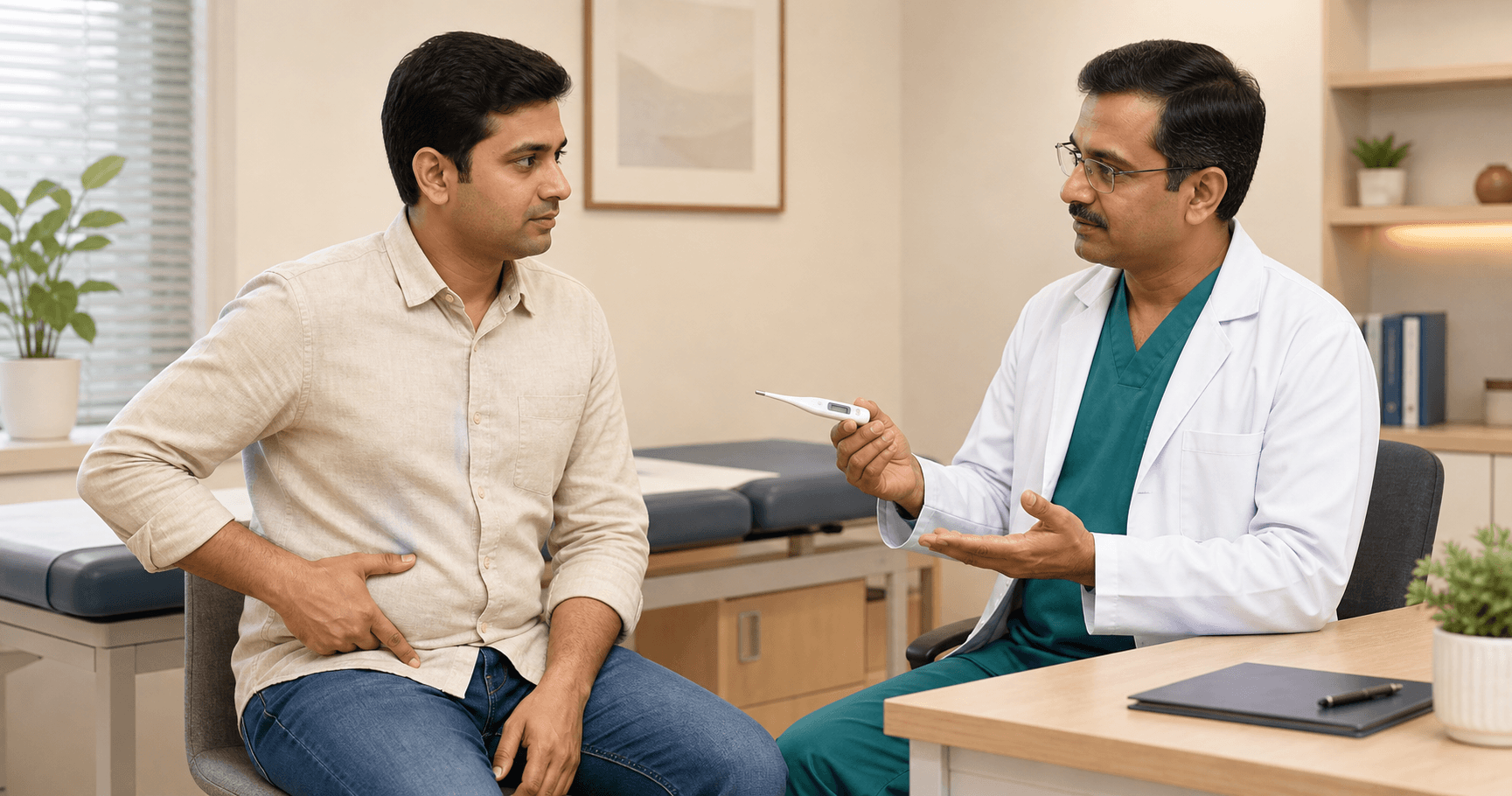 Patient with right lower abdominal pain discussing a normal temperature reading with a surgeon