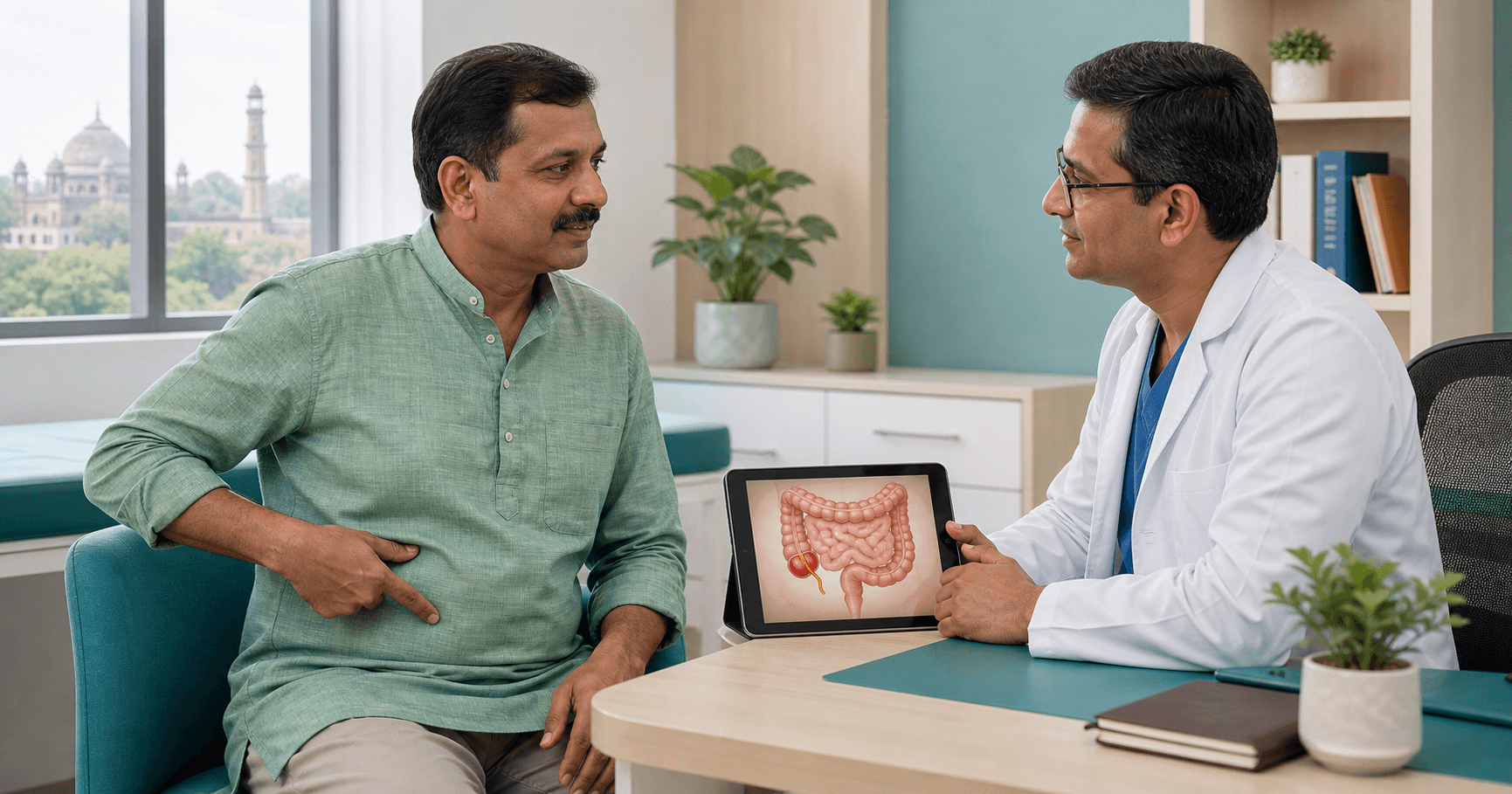 Patient pointing to the right lower abdomen while discussing pain after eating with a surgeon
