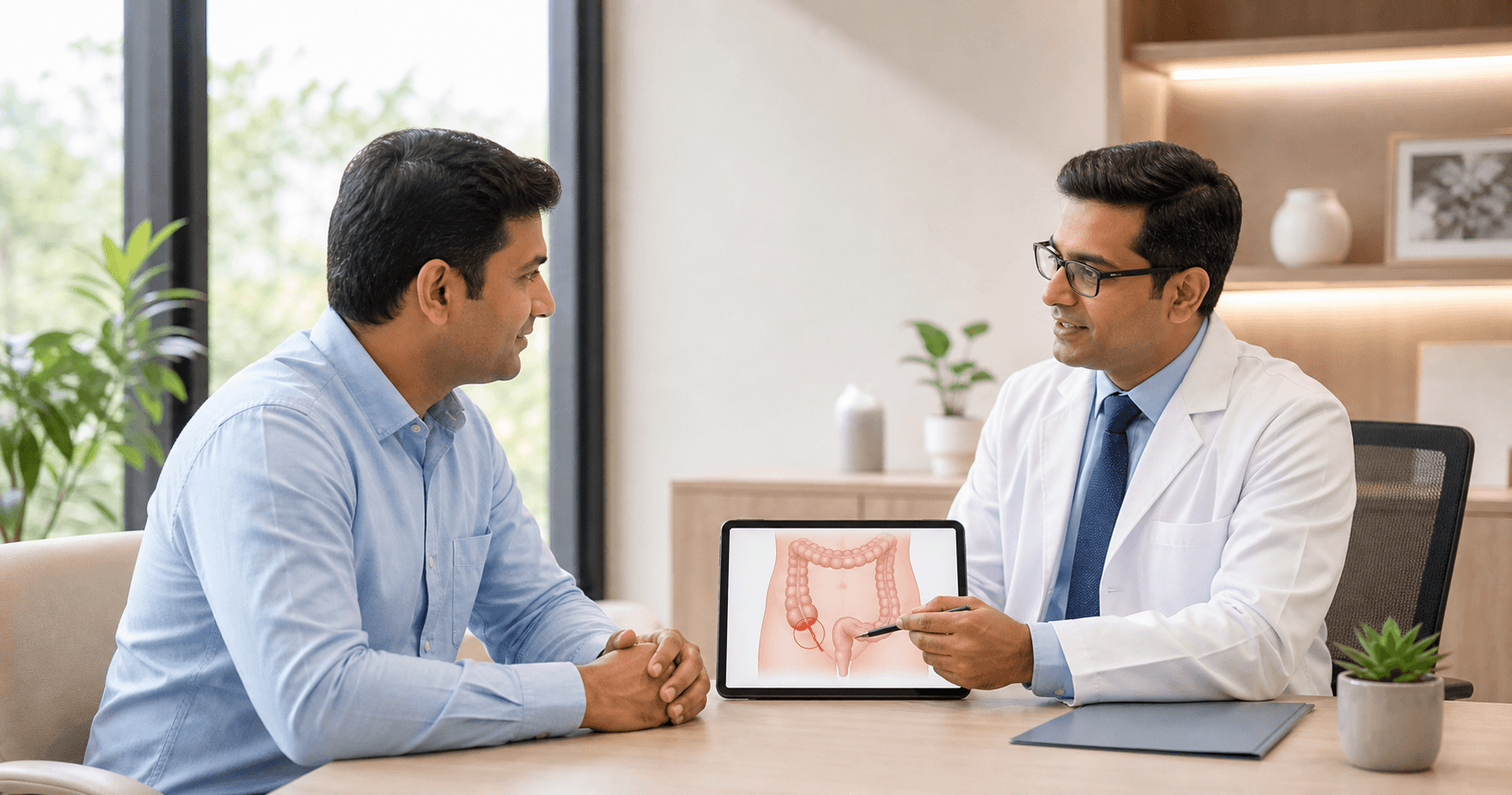 Patient discussing appendix pain that comes and goes with a laparoscopic surgeon in Bhopal