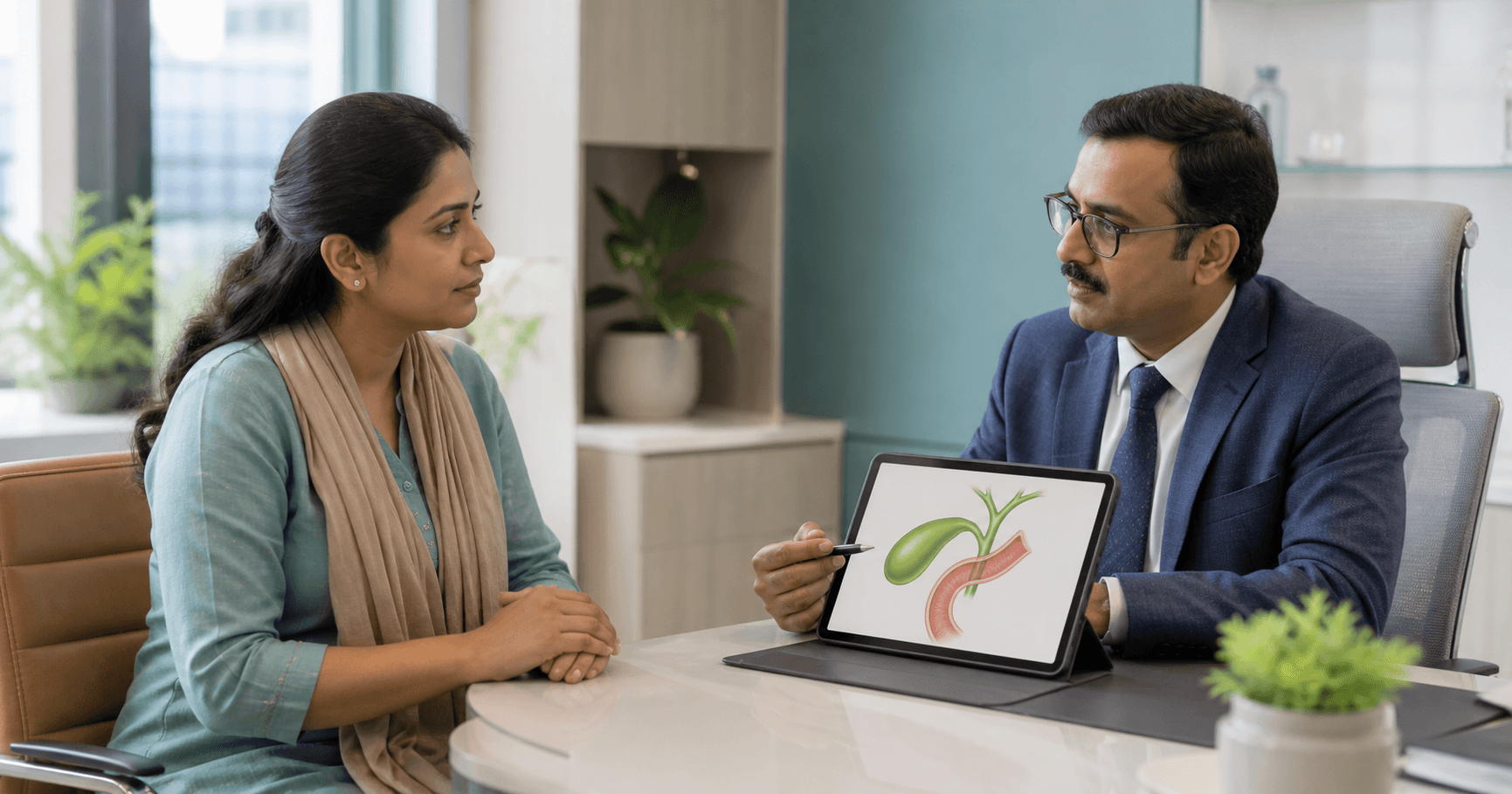 Patient discussing bowel changes after gallbladder removal with a surgeon in Bhopal