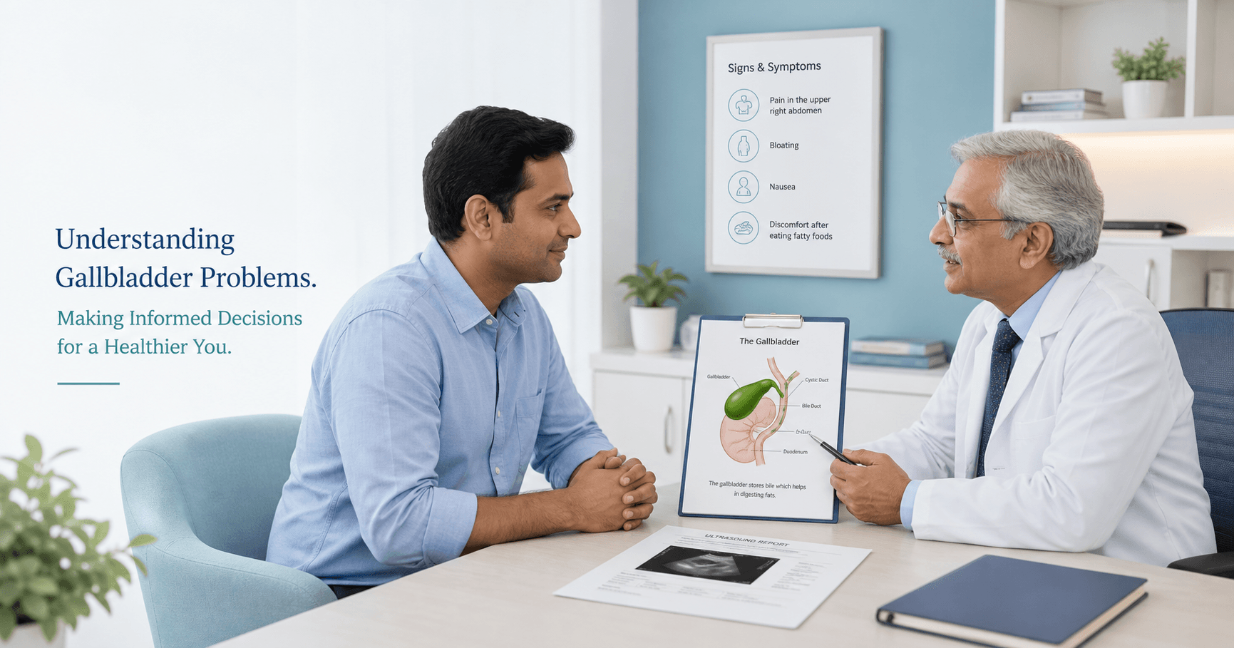 Patient discussing gallbladder stone pain after meals with a surgeon in Bhopal